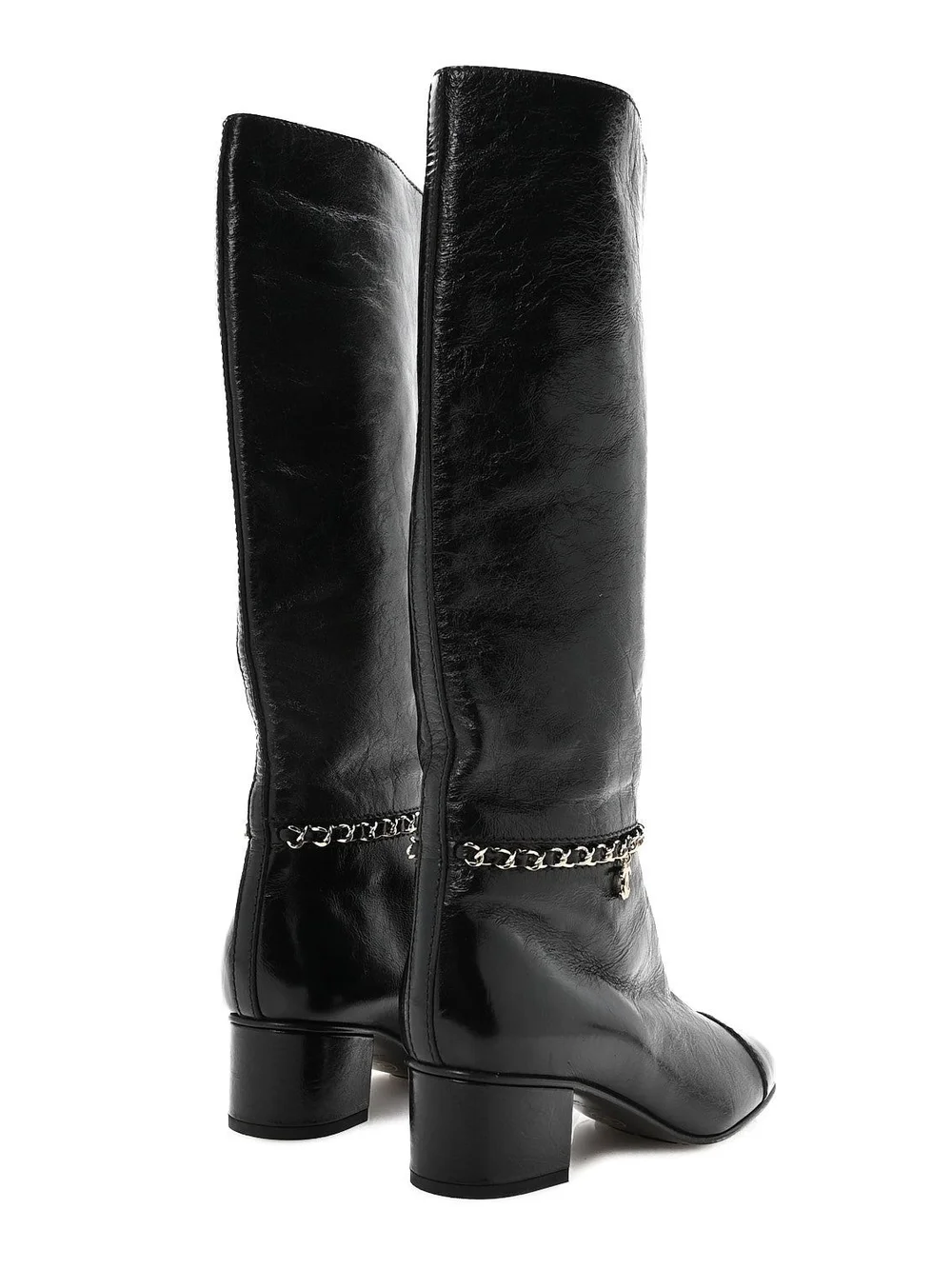 CHANEL Black Leather Knee Boots with Chain CC Charm